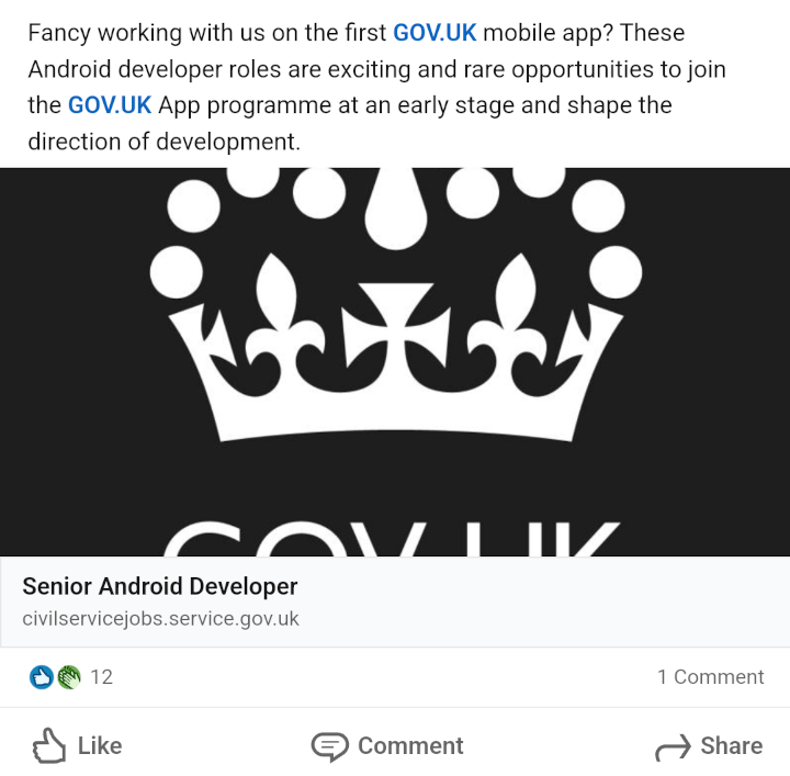 Advert which says "Fancy working with us on the first GOV.UK mobile app? These Android developer roles are exciting..."