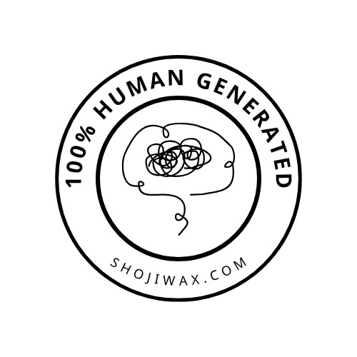 Circular logo containing the text: 100% human generated. In the centre is a scribble drawing of a brain.