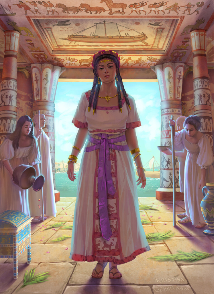 Painting of Dido, the legendary Queen of Carthage. She is depicted full length, stepping towards us, in a regal manner, inside a pillared building. The columns and walls are brightly painted with figures, ornaments and ships. Behind her the building is open, showing the sky and a blue sea. A few servants stand at the sides.