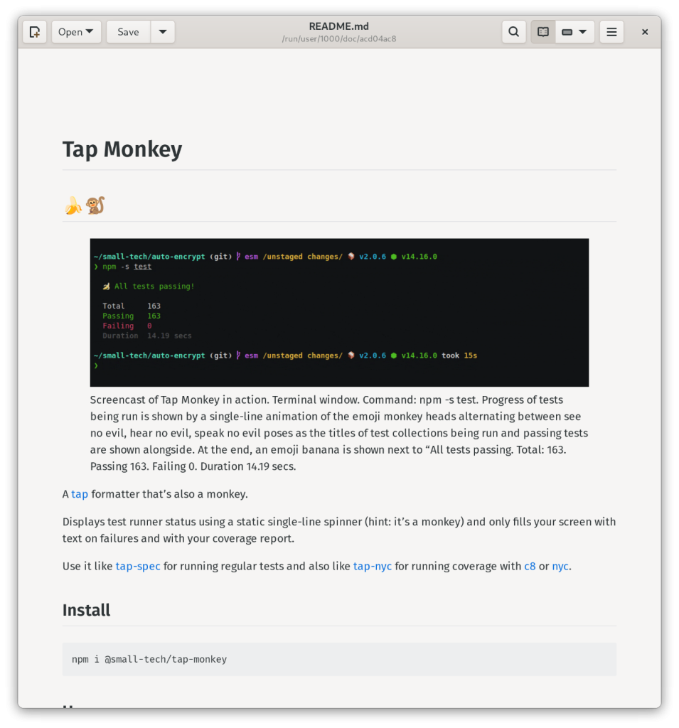 Screenshot: viewing the Tap Monkey readme markdown file in Apostrophe (light mode).