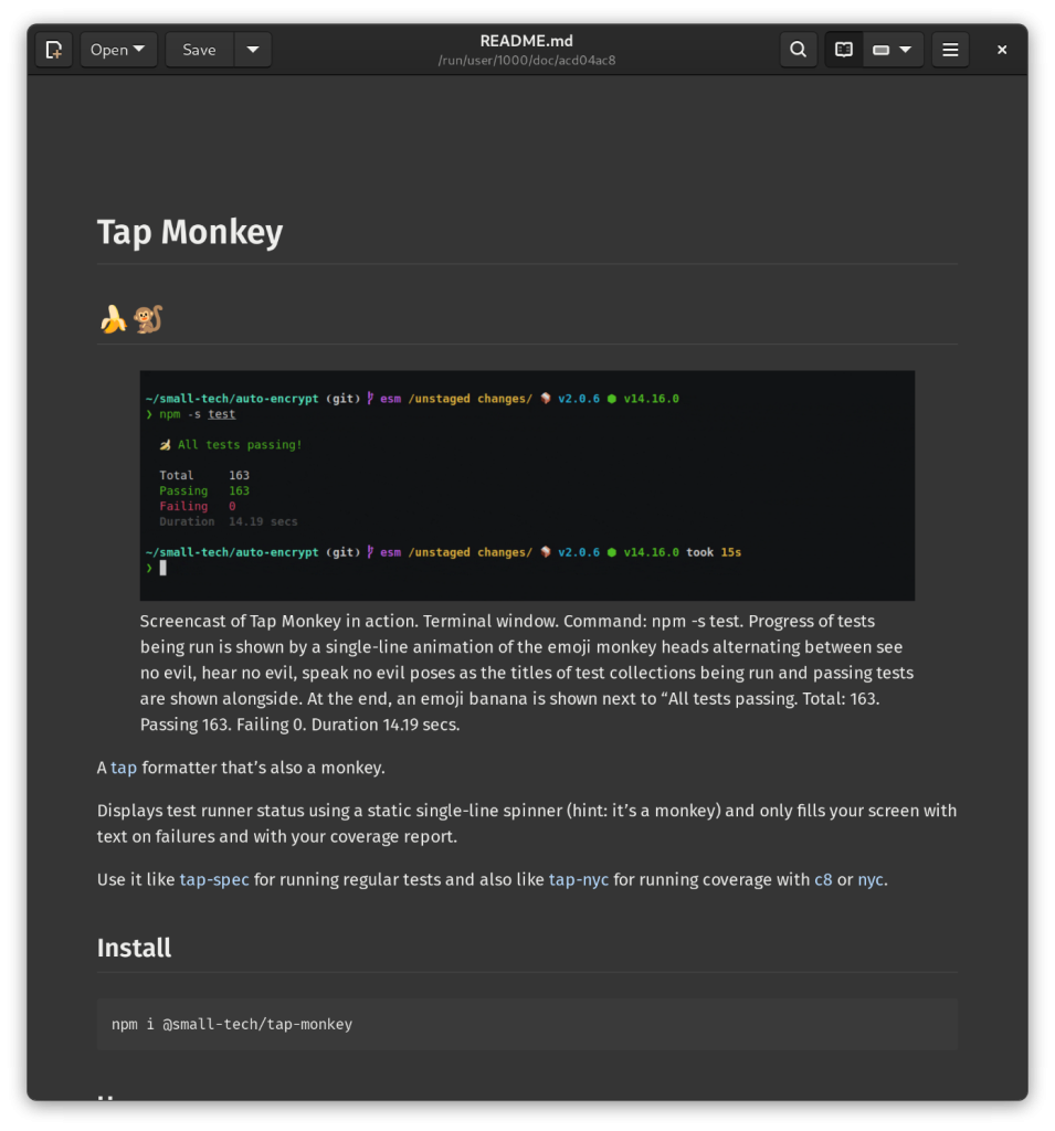 Screenshot: viewing the Tap Monkey readme markdown file in Apostrophe (dark mode).
