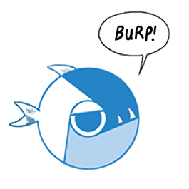 Satirical comic drawing of a piranha looking like the logo of the Google Chrome browser. Eyes half closed, he emits a speech bubble saying "burp!". 