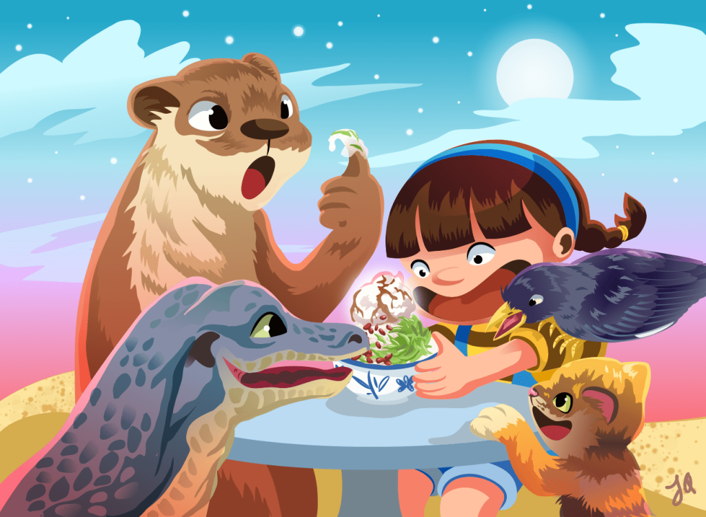 A vector art illustration showing Shan Shan, a young girl with pig tails, a blue headband, and a brown-striped yellow T-shirt, sitting around a table at a beach with her animal friends, Mr. Otter, Ms. Water Monitor, Big Brother Myna and Little Sister Kitty. They are ogling at a bowl of cendol on the table which Shan Shan is holding. Mr. Otter is on her right, a look of curiousity and wonder at a smidge of cendol and coconut ice cream he has on his finger. Big Brother Myna is perched on Shan Shan's left shoulder grinning at the bowl of cendol, while Little Sister Kitty is trying to peer at the cendol with her fore paws on the table. Ms. Water Monitor is in the foreground also grinning at the cendol.
