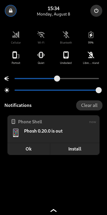 #phosh's overview with a "Phosh 0.20.0 is out" notification. 