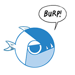 Dibujo cómico satírico de una piraña que parece el logotipo del navegador Google Chrome. Con los ojos semicerrados, emite un globo de diálogo que contiene el sonido "¡burp!".