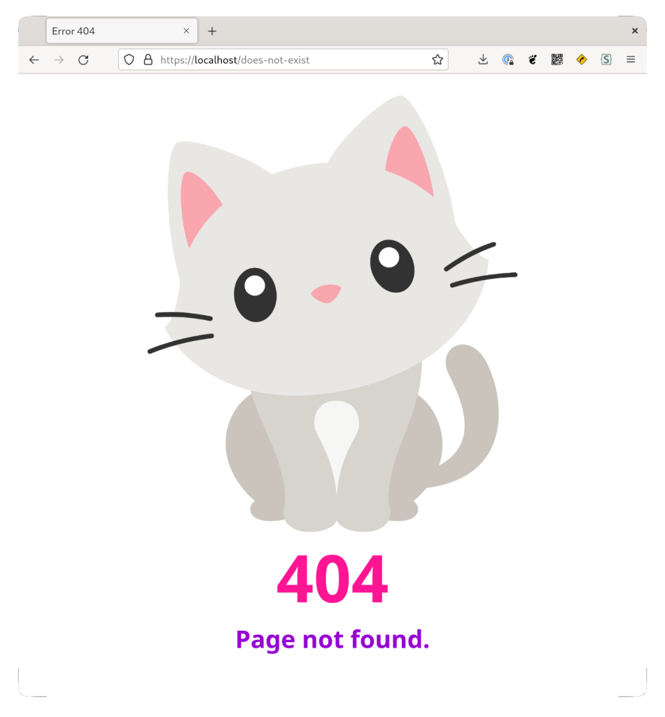 Screenshot of Kitten 404 Page Not Found page. Large illustration of cute kitten looking at you sites on 404 in deep pink and “Page not found” in dark violet.