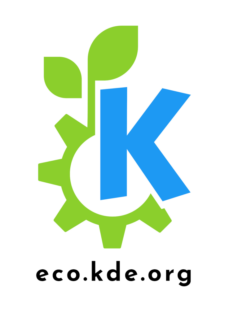KDE Eco logo of KDE gear with a green leaf growing out of it.