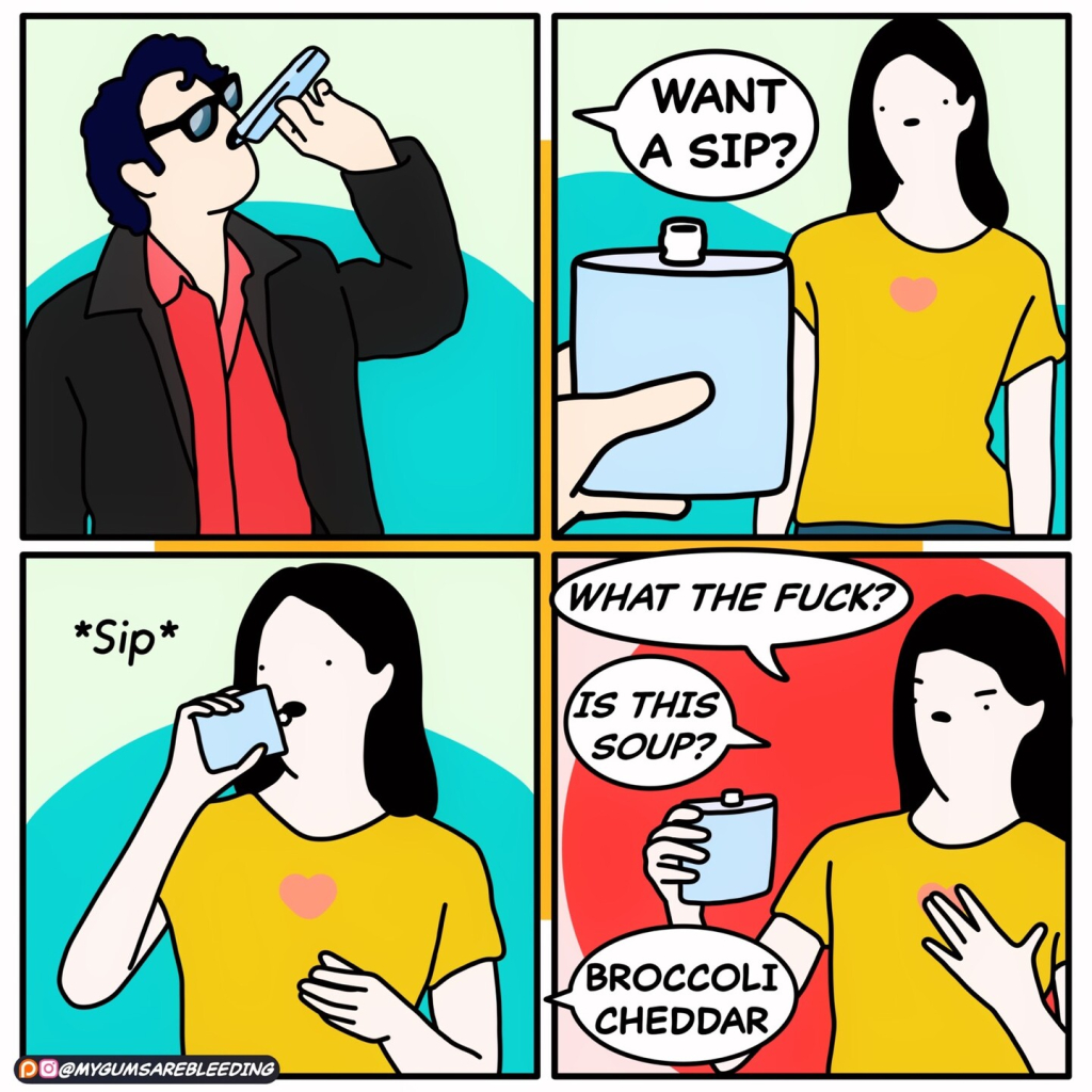 Comic where a flask is filled with soup instead of alcohol.