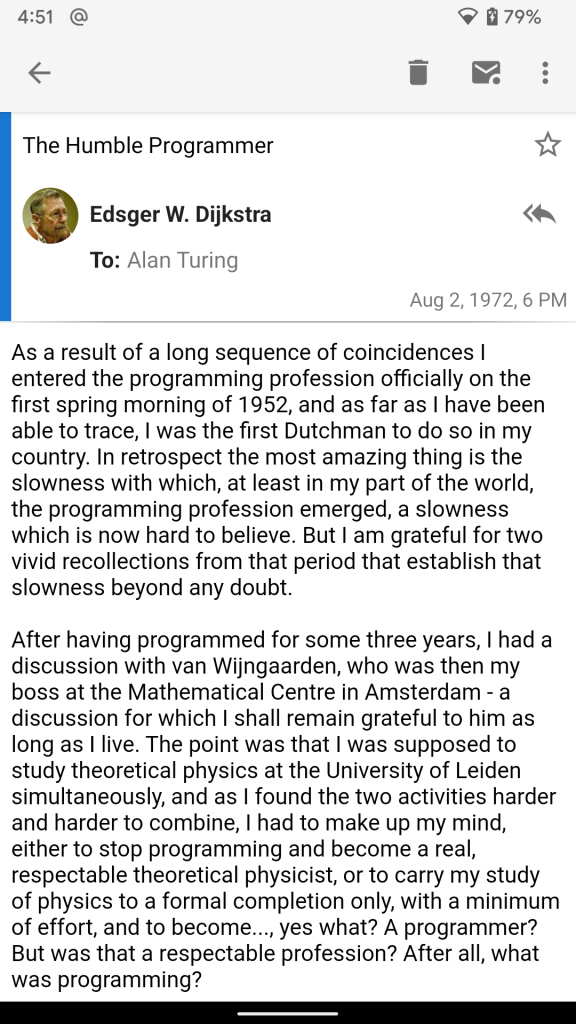 An email from Edsger W. Dijkstra to Alan Turing, viewed in the current version of K-9 Mail, an open source mobile email client. 