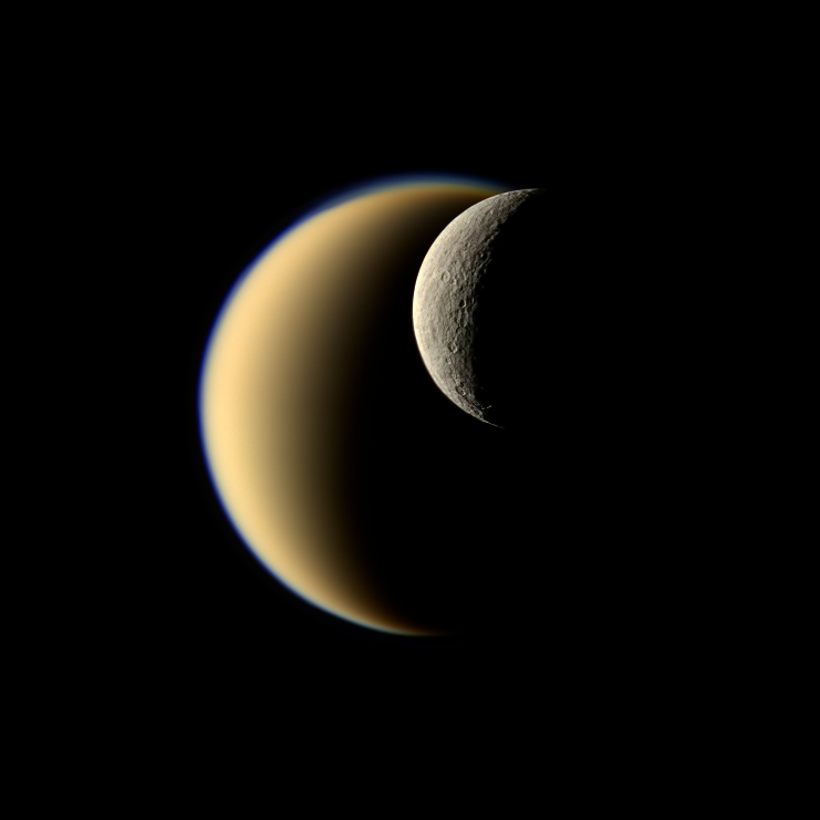 Cassini viewing Rhea in front of Titan