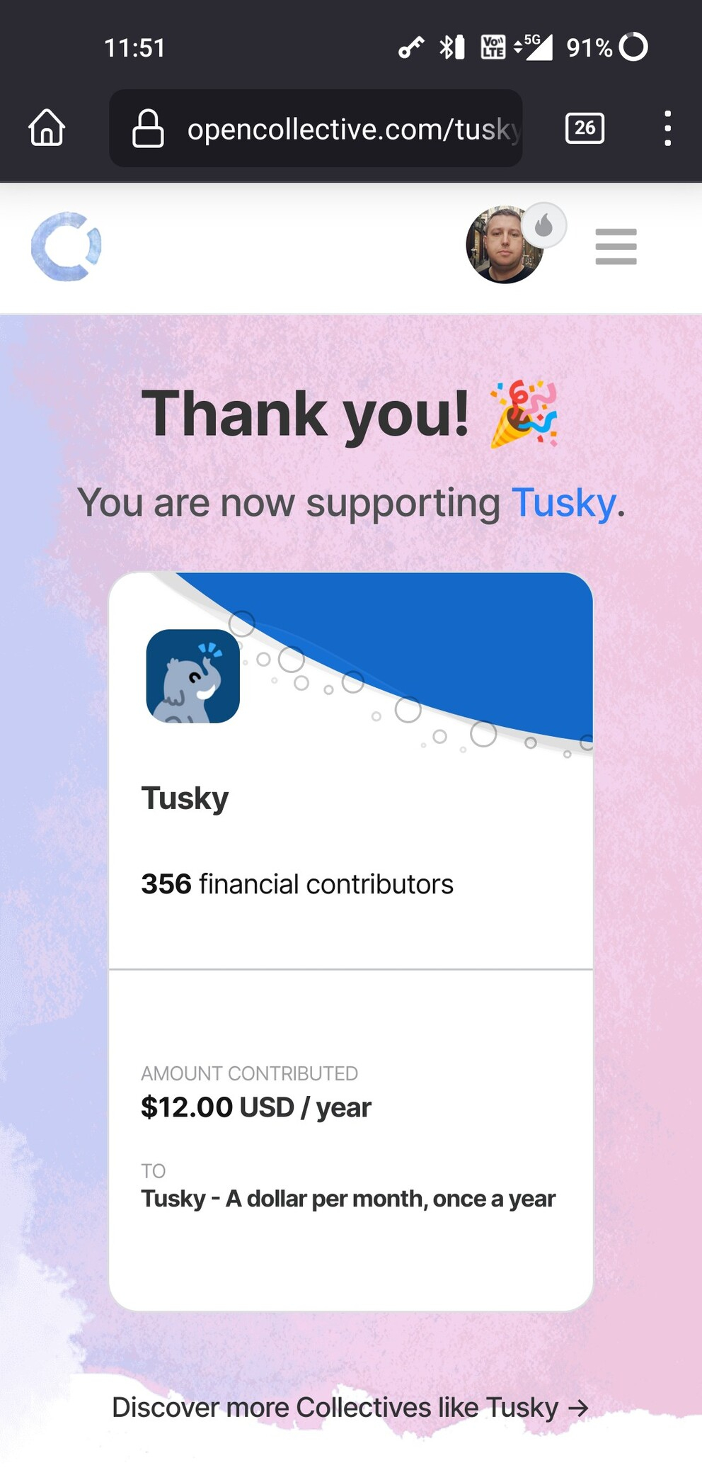 Screenshot of Open Collective "thank you" page showing a $12 annual support payment towards Tusky.