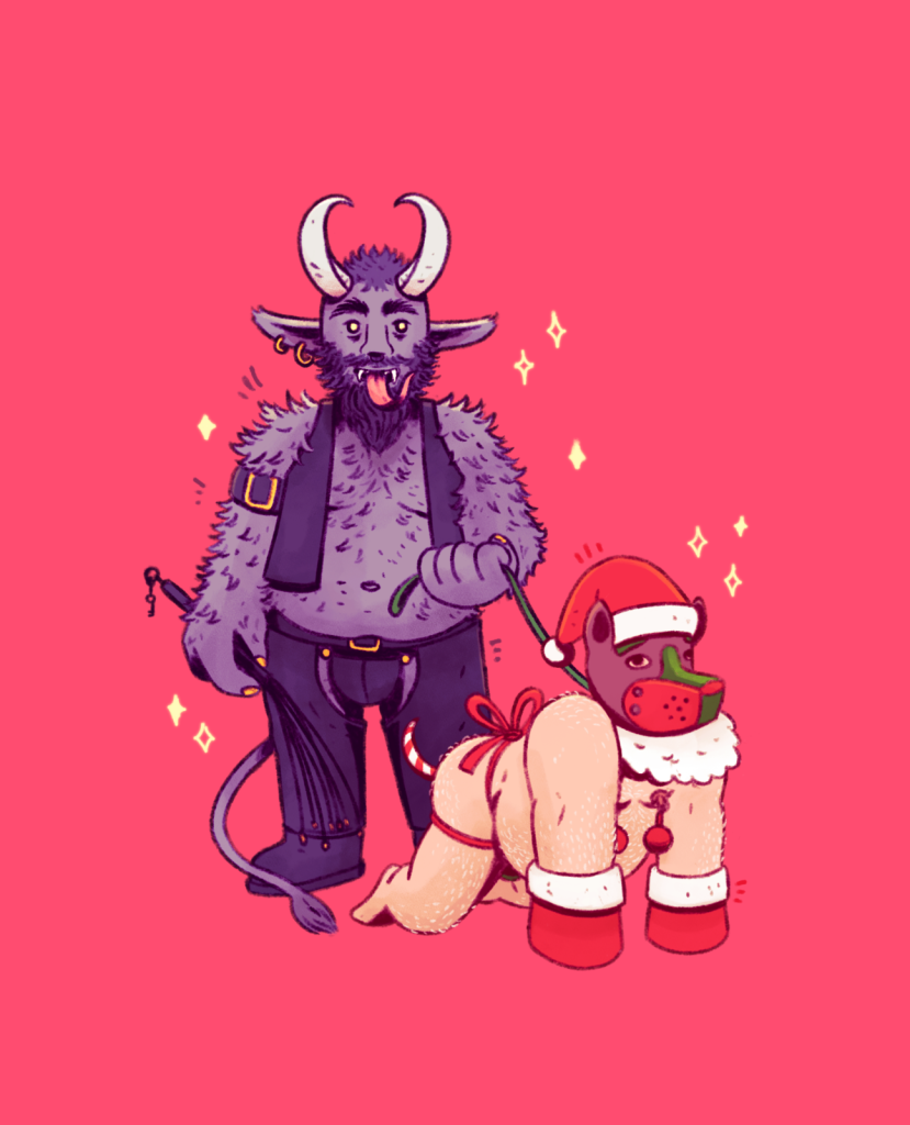 digital illustration; santa klaus wearing a pup mask, on all fours, with a leash on his neck being held by Krampus with leather gear.