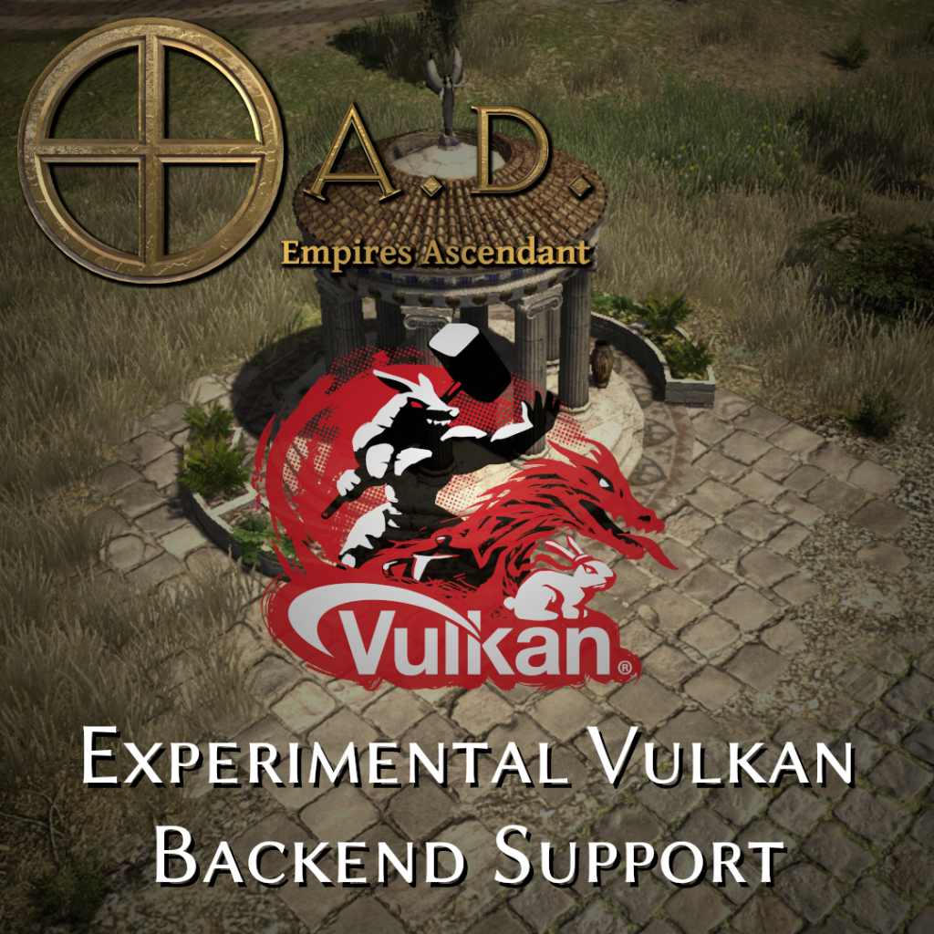 Vulkan and 0 A.D. logo over a round greek shrine with a tile roof in a Mediterranean setting. The caption says "Experimental Vulkan Backend Support"