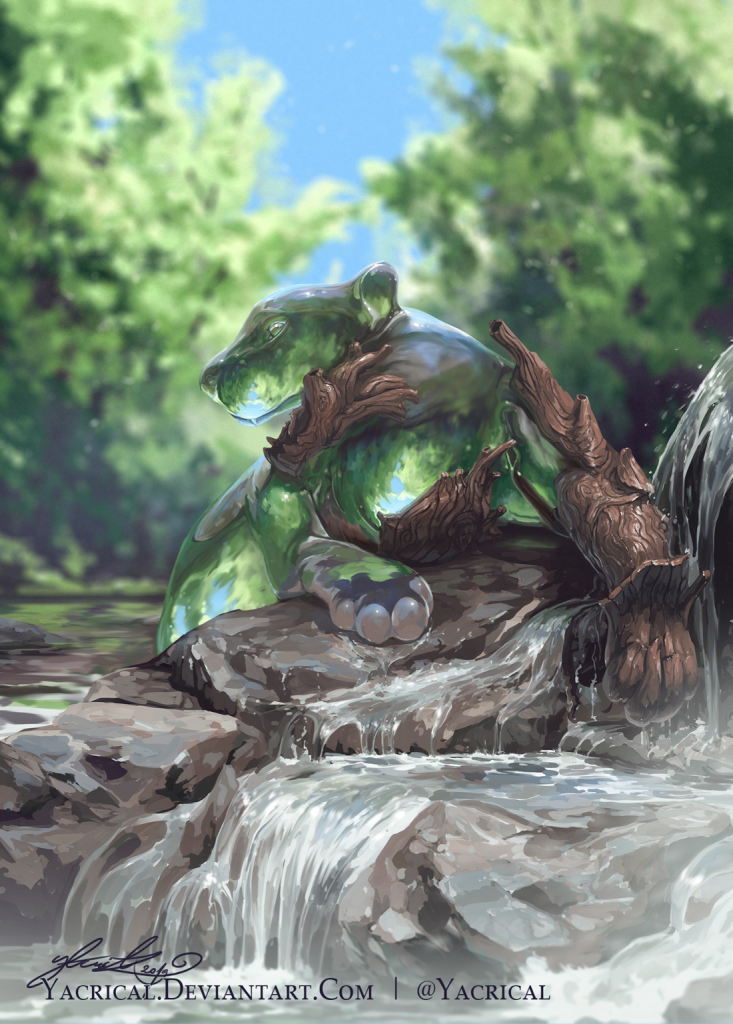 A water elemental big cat whose body is entirely water with some driftwood parts. In the foreground there's a small waterfall and in the background there are trees