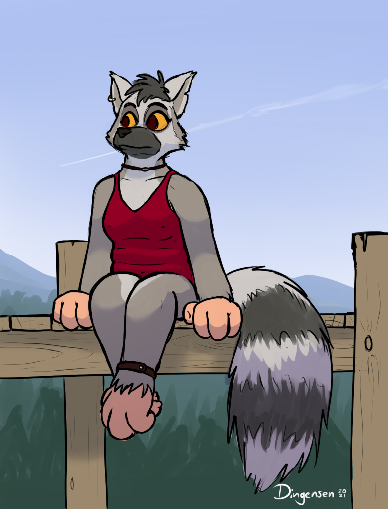 Drawing of my Fursona, a female Lemur, wearing a red swimsuit while sitting on a pier, legs dangling
