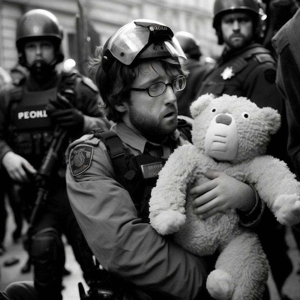 Retrato generado artificialmente de un hombre policía en la calle abrazandi6un oso de peluche. 