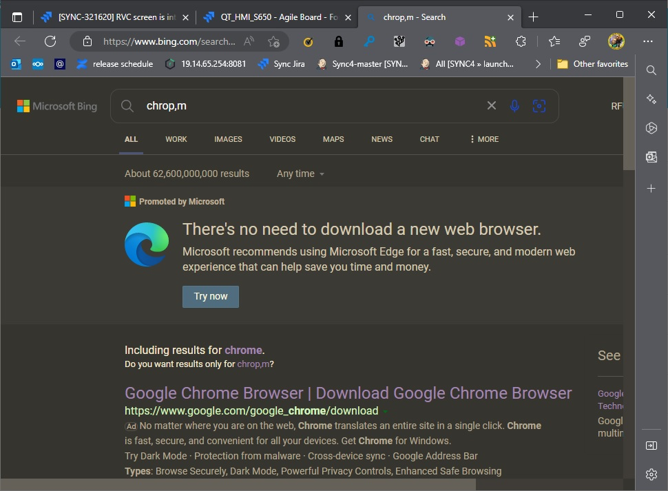 Screenshot of Bing search results for "chrop,m" in Edge on Windows 10 resulting in message "There's no need to download a new web browser."