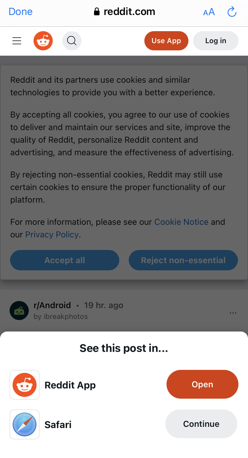 Screenshot of a page on Reddit. No content visible as multiple overlays block access. Cookies. Open this page in the app. Frustrating user experience. 