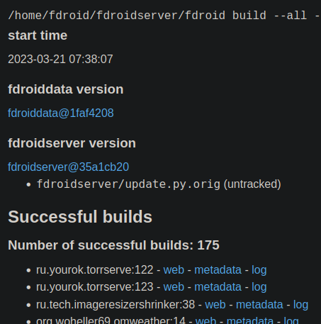 screenshot of the F-Droid build monitor showig the current build cycle having successfully built 175 packages, and still running