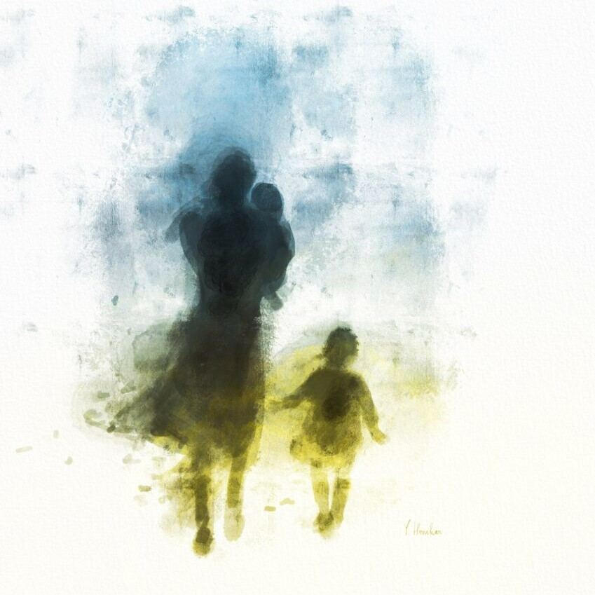 ‘We will not forget’ by Yuliia Honchar / Creatives for Ukraine

The digital art shows a fading image of a woman - seen from behind - holding a baby with a child walking at her side.