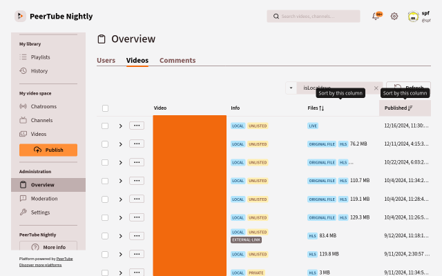 Le diverse pagine che presentavano i video sulla piattaforma PeerTube (Aggiunti di recente, Video locali, Di tendenza) sono state unite in una pagina "Sfoglia video" , che include filtri rapidi per visualizzare le stesse selezioni di contenuti in modo più diretto. Lo stesso intento ha guidato il nuovo layout della pagina "Scopri video": ci auguriamo che possa dare spunti agli utenti curiosi.