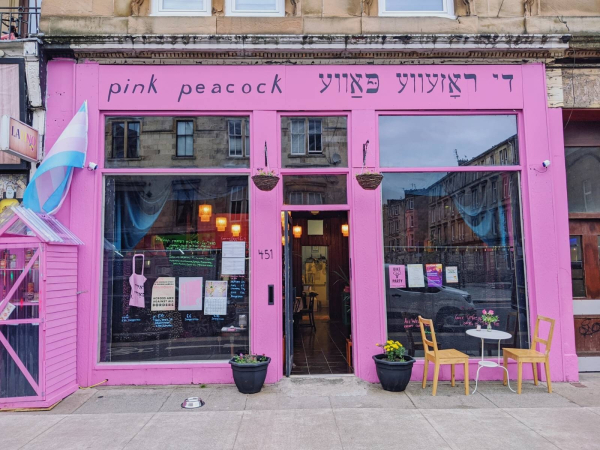 the exterior of the pink peacock cafe: the walls are pink, and there's a trans flag flying out front