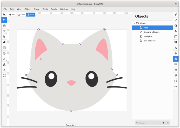 Screenshot of Boxy SVG, a vector drawing app with tools like selection, shapes, etc., on the left, icons for panels (layers, geometry, etc.) on the right and a standard app menu (File, Edit, View, etc.) on top. On the canvas is a cute minimalist illustration of a light grey kitten’s head with pink ears and nose.