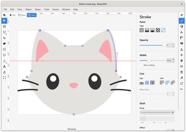 Screenshot of kitten illustation in Boxy SVG showing a selected Bézier curve control handle with the outer curve of the kitten’s ear highlighted in purple. On the right, the Stroke panel is shwoing with settings for opacity, width, line cap and join shapes, etc.