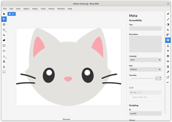 Screenshot of a kitten illustration in Boxy SVG with the Meta panel showing with accessibility and scripting sections.