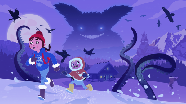 The key art we create for our debut indie game Röki. It's a snowy scene with Tove and Lars running away in peril.