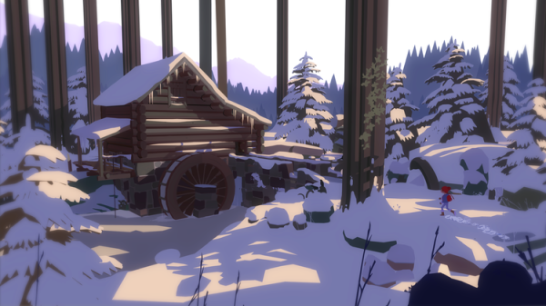An old abandoned Scandinavian mill covered in snow, or maybe not as abandoned as we might hope 😬 (screenshot from our game Röki)