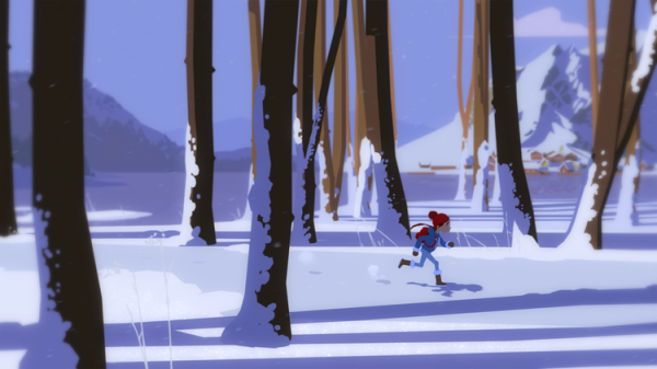 Tove, the hero and player character from our game runs through the forest (screenshot from our game Röki)