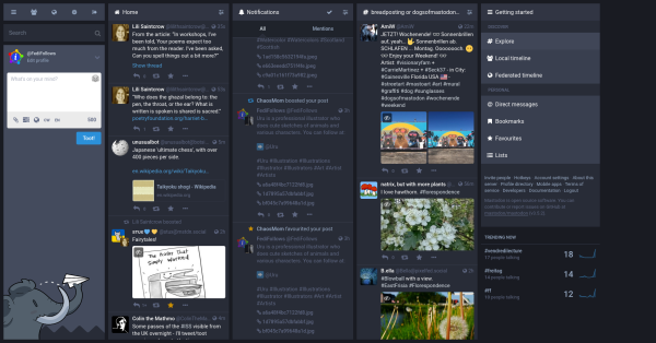 Screenshot of the Mastodon advanced web interface with multiple columns showing different things all at once, and a fun cartoon of a Mastodon throwing a paper aeroplane off to one side.