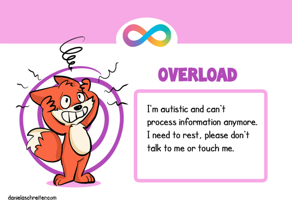 A comic fox looks very stressed and desperate, the text says: Overload: I‘m autistic and can‘t process information anymore. I need to rest, please don‘t talk to me or touch me.