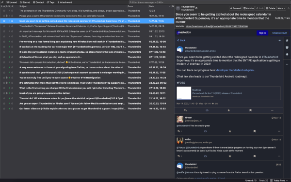 A screenshot of Thunderbird's Mastodon account posts being displayed inside of Thunderbird. this is made possible by RSS feeds. 