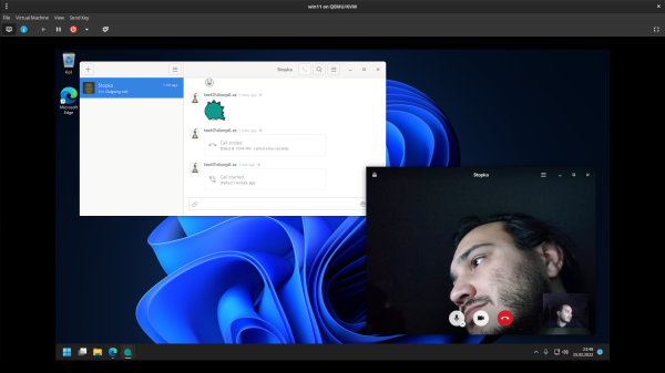 Screenshot of Windows desktop with running video call using Dino xmpp client