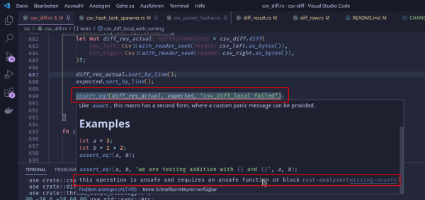 A screenshot of VS Code with a Rust source code file open.

rust-analyzer complains about the macro `assert_eq`, needing an `unsafe` block around it, but there is nothing unsafe here (rustc compiles fine).