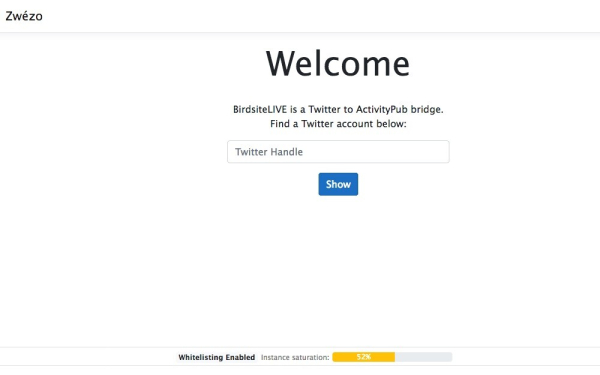 Image shows a Twitter handle search form automatically creating a mirrored Mastodon bot account upon hitting enter, if the respectiv Twitter handle exists. On th botoom it mentions "whitlisting enabled" there, which might indicate the bypassing of necessary authorizing procedures by original Twitter profile owners (that's a guess, though).