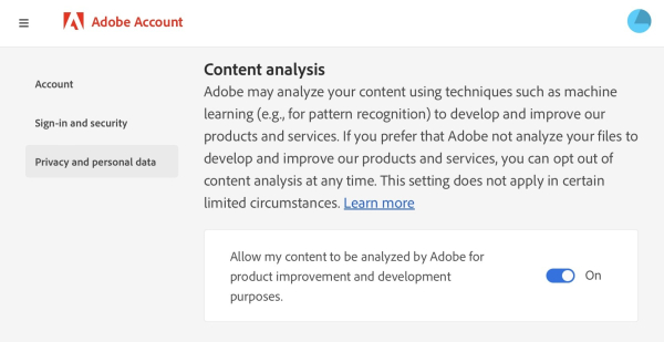 Screenshot of adobe.com showing that “Content analysis” is turned on, and summarizing how Adobe is invading my privacy without my consent. 