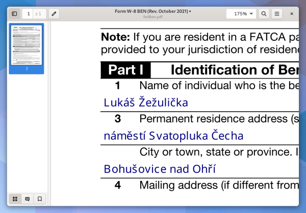 W-8 BEN form with fields that are filled with words that include special Czech characters.