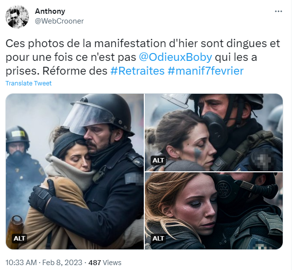 Tres imágenes generadas artificialmente de un policía/granadero consolando a una mujer. La mujer es distinta en casa imagen. 