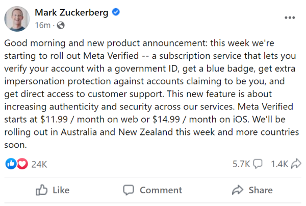 Mark Zuckerberg announces plan to charge users for account verification and “impersonation protection.”