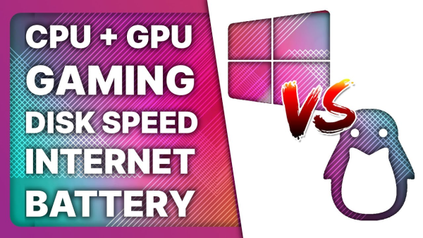 THumbnail of a youtube video, split in 2 by a white cutout.
On the left, the folowing text: CPU+GPU, Gaming, disk speed, internet, battery".

on the right, a windows logo, a linux logo, and a "versus" symbol between the two