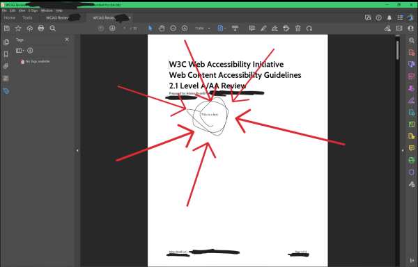 The same PDF as seen in Adobe Acrobat Pro after an edit (denoted with too many red arrows). The PDF no longer has any tags.