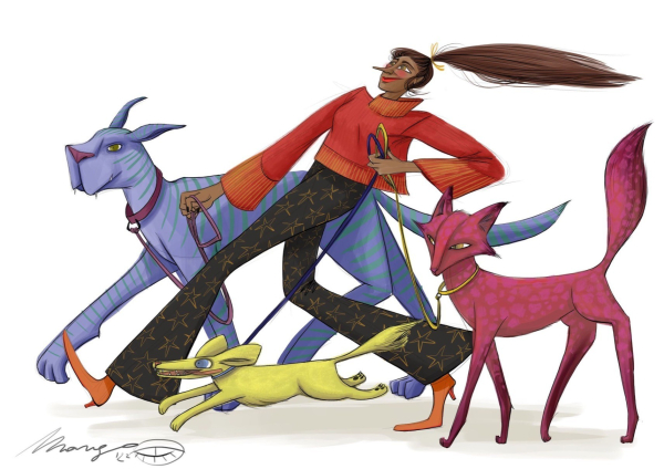 Stylised colourful illustration of a human walking a group of dogs of various shapes and sizes
