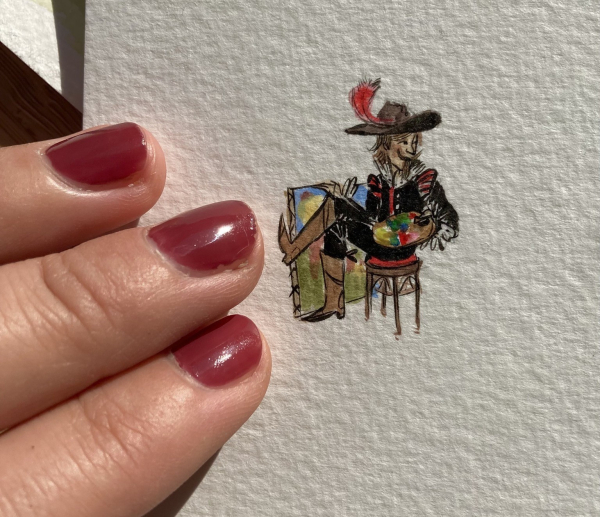 Teeny tiny colourful finely drawn illustration of a 17th Century figure wearing Cavalier style clothes and a big hat with a feather in it, sporting a long pointy beard and whiskers. They are holding an artist's palette and there is a painted canvas leaning against the wall behind them. Beside the illustration is a real life hand for scale, showing that the entire illustration is only about 3 centimetres tall.