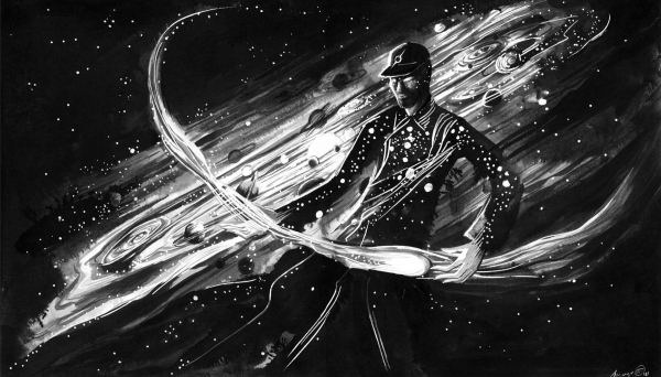 Black and white dark and high contrast drawing of a mysterious giant god-like figure with glowing eyes standing by a swirling solar system with stars off in the background. A giant comet flies by the figure, and the figure is wearing a baseball cap with a star shaped logo on it.