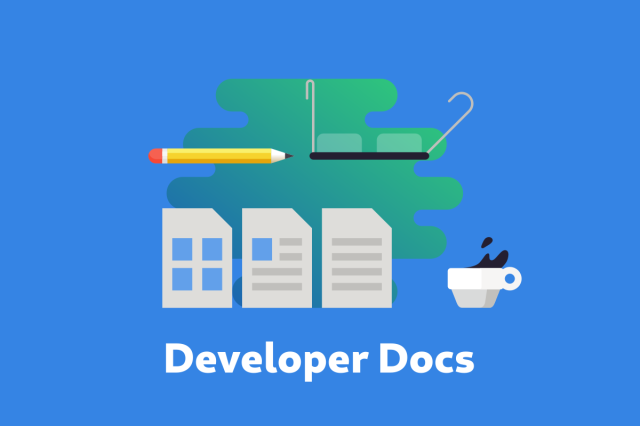 The landing card for the GNOME developer documentation website, showing a pencil, a pair of glasses, documents, and a cup of espresso over an abstract shape, with the words "Developer Docs" underneath it.