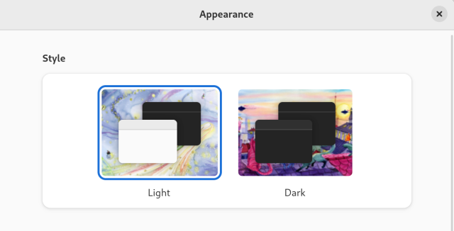 Screenshot of GNOME Settings Appearance tab showing different custom images set for the light and dark modes.