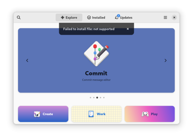 Screenshot of GNOME Software showing an error message in an in-app notification: “Failed to install file: not supported”